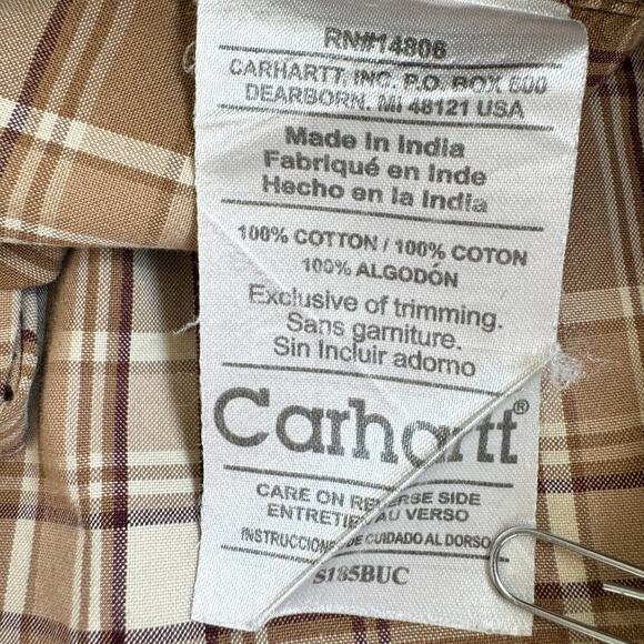 Carhartt Mens Short Sleeve Button Shirt Size L 100% Cotton Work Plaid Tan - Picture 5 of 7